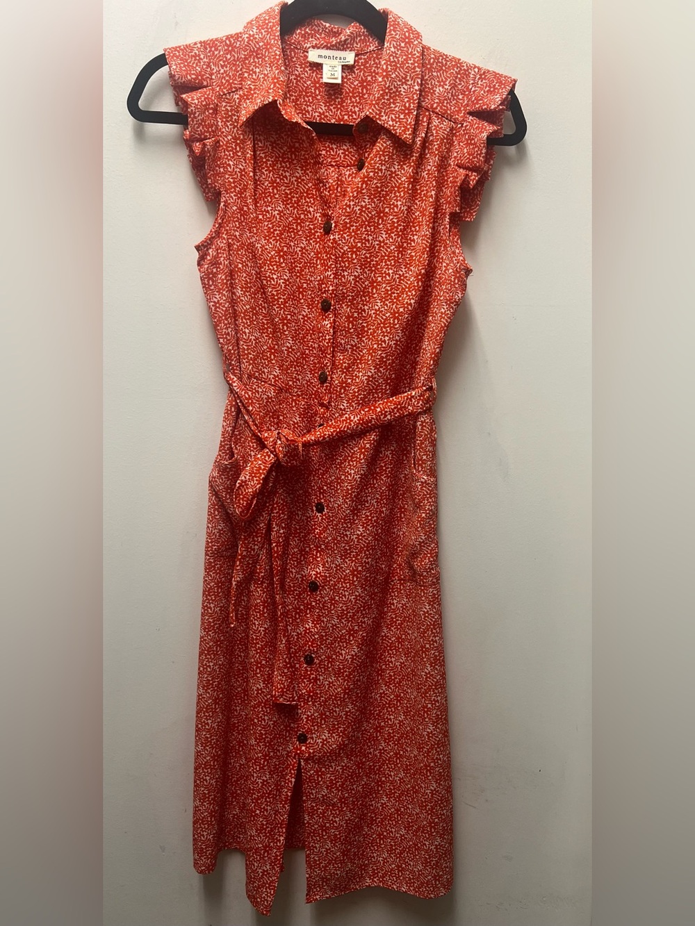 Monteau Sleeveless Button-Front orange Print Belted knee Dress